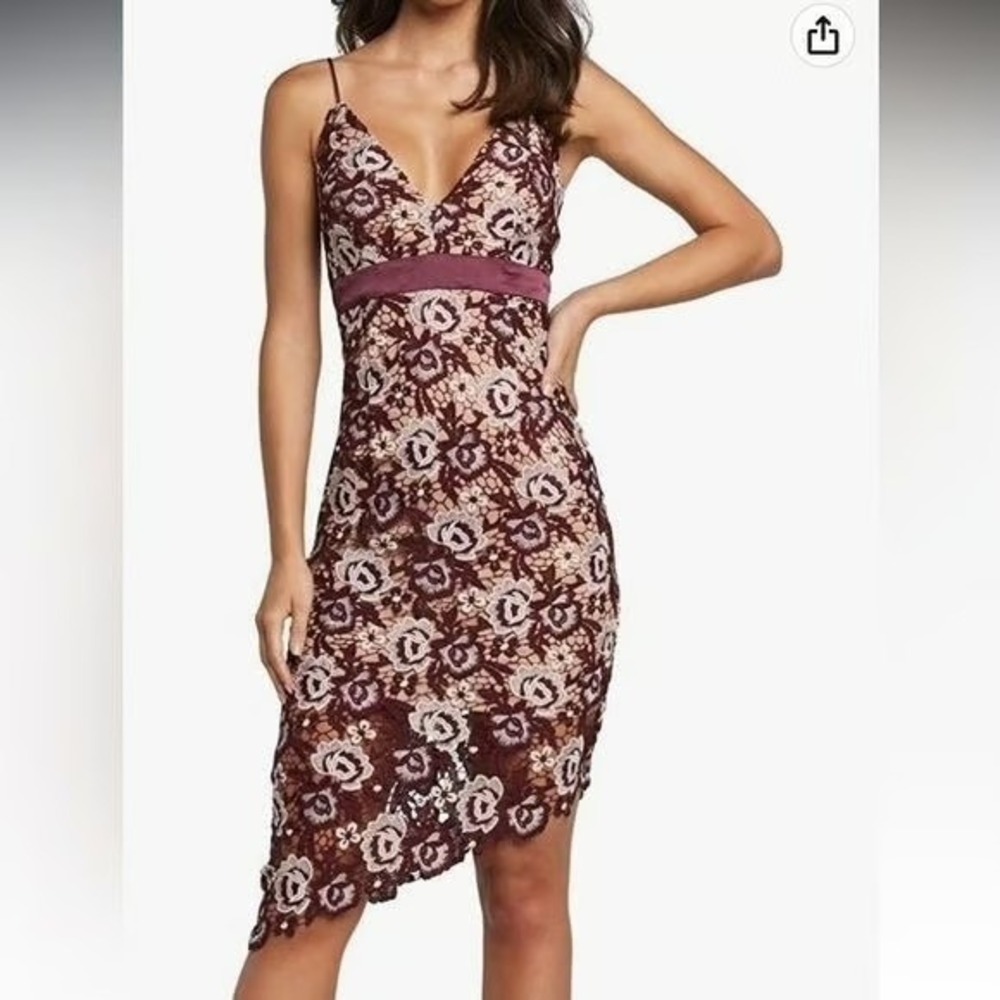 Bardot Burgundy Lace Floral Sheath Dress V Neck Spaghetti Strap Asymmetrical Hem